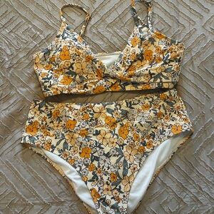 Floral High-Waist Bikini Set in Yellow and Cream